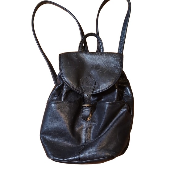 Handbags - Vtg Women's Black Leather Drawstring Backpack Flap Buckle Plaid Lining HC India